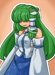  1girl :d absurdres bare_shoulders blue_skirt blush breasts chest_sarashi collared_shirt covered_eyes detached_sleeves english_commentary frog_hair_ornament green_hair hair_intakes hair_ornament hair_tubes highres kochiya_sanae long_hair long_sleeves mcsquiddies medium_breasts open_mouth orange_background patterned_clothing print_skirt sarashi shirt simple_background single_hair_tube single_sidelock skirt skirt_set sleeve_ribbon sleeveless sleeveless_shirt smile snake_hair_ornament solo touhou upper_body wide_sleeves 