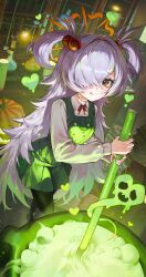  1girl absurdres alchemy blue_archive closed_mouth collared_shirt commentary_request cooking_pot dress eyebrows_hidden_by_hair full_body green_dress green_eyes grey_hair hair_bobbles hair_intakes hair_ornament hair_over_one_eye heart highres indoors jack-o'-lantern kanoe_(blue_archive) korean_commentary long_bangs long_hair long_sleeves looking_at_viewer one_eye_covered pinafore_dress pleated_dress shirt sleeveless sleeveless_dress solo standing stirring tongue tongue_out very_long_hair white_shirt wing_collar zero_o0101 