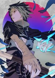  1boy arm_up bandages black_hair collared_shirt commentary_request cowboy_shot falling_feathers feathers holding holding_weapon looking_ahead male_focus mi8pq naruto_(series) outstretched_arm parted_hair parted_lips red_eyes rope_belt shirt solo uchiha_sasuke weapon 