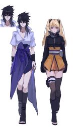 bandaged_leg bandages black_boots black_eyes black_hair black_jacket black_thighhighs blonde_hair blue_eyes boots breasts facial_mark full_body genderswap genderswap_(mtf) hair_between_eyes highres hngbo652804 jacket long_hair looking_at_viewer medium_breasts naruko_(naruto) naruto_(series) naruto_shippuuden open-toe_boots orange_skirt popped_collar purple_skirt rope_belt shirt short_sleeves skirt spiky_hair thigh-highs twintails uchiha_sasuke walking whisker_markings white_background white_shirt 