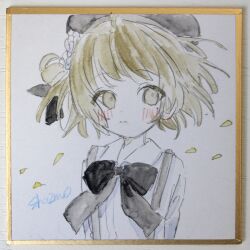  1girl absurdres beret black_bow black_hat blush bow brown_eyes brown_hair closed_mouth collared_shirt commentary_request dress_shirt flower hair_flower hair_ornament hat hatoba_tsugu highres petals photo_(medium) sha2mo shikishi shirt signature solo suspenders traditional_media tsugu_(vtuber) virtual_youtuber white_flower white_shirt 