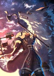  1boy absurdres animal ascot belt black_belt black_boots black_coat boots coat commentary_request dullahan fate/grand_order fate_(series) headless hessian_(fate) highres holding holding_staff leg_belt lobo_(fate) long_sleeves male_focus orange_eyes outdoors red_ascot sisualicon staff standing star_(sky) traffic_light twitter_username wolf 