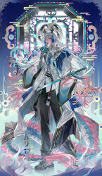  1boy absurdres arknights bead_bracelet beads belt black_belt black_pants black_shoes bracelet chinese_clothes closed_mouth coin colored_skin dragon_boy dragon_tail earrings fengjian_yuzhi finger_to_mouth full_body green_skin hair_between_eyes highres holding holding_weapon horns incredibly_absurdres jewelry lattice long_hair long_sleeves looking_at_viewer male_focus multicolored_hair pants pointy_ears red_eyes shirt shoes sidelocks smile solo standing tail tassel tassel_earrings two-tone_hair very_long_hair weapon white_hair wide_sleeves window yi_(arknights) 