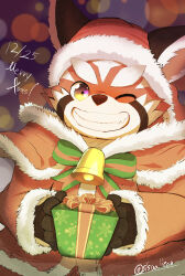  1boy absurdres bell bow capelet christmas_present coat commentary_request fur-trimmed_capelet fur_trim furry furry_male gift grin highres holding holding_gift long_sleeves male_focus merry_christmas one_eye_closed red_coat red_panda_boy santa_costume sisualicon smile striped_bow tokyo_afterschool_summoners twitter_username zhurong_(housamo) 