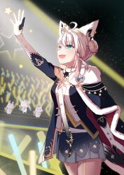  1girl ahoge animal_ear_fluff animal_ears aqua_eyes belt blue_jacket blue_skirt blush boots braid bun_with_braided_base cape commentary_request crossed_bangs crown epaulettes extra_ears fox_ears fox_girl fox_tail fur-trimmed_cape fur_trim gloves gold_crown gold_trim hair_between_eyes hair_bun half-skirt highres hololive jacket layered_skirt looking_up mini_crown miniskirt necktie official_alternate_costume official_alternate_hairstyle open_mouth pentagram pleated_skirt red_cape shirakami_fubuki shirakami_fubuki_(fbkingdom) shirt short_hair side_braid side_cape sidelocks single_hair_bun skirt smile sukonbu_(shirakami_fubuki) tail tilted_headwear torimuraa virtual_youtuber white_gloves white_necktie white_shirt white_skirt 