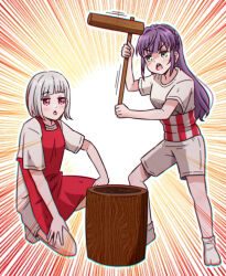  2girls akihitohappy apron blush braid chromatic_aberration commentary_request crown_braid d: full_body green_eyes grey_hair haramaki highres holding holding_mallet kine link!_like!_love_live! love_live! mallet mochitsuki mortar_(bowl) multicolored_hair multiple_girls official_alternate_hairstyle on_one_knee open_mouth otomune_kozue otomune_kozue_(post-graduation) purple_hair red_apron red_hair shirt short_sleeves shorts sidelocks socks streaked_hair t-shirt tabi virtual_youtuber white_shirt white_shorts white_socks yugiri_tsuzuri yugiri_tsuzuri_(post-graduation) 