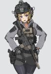  blonde_hair earmuffs ellen_aice gloves gun hands_on_own_hips helmet highres military mordeth muv-luv muv-luv:_dimensions muv-luv_alternative muv-luv_unlimited:_the_day_after rifle violet_eyes weapon 