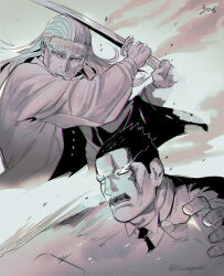  2boys cheekbones chromatic_aberration closed_mouth commentary_request dust eye_trail facial_hair foxvulpine golden_kamuy greyscale hair_slicked_back highres hijikata_toshizou_(golden_kamuy) holding holding_sword holding_weapon katana light_trail long_hair long_sleeves male_focus mature_male monochrome multiple_boys mustache neck old old_man sword ushiyama_tatsuma weapon wrinkled_skin 