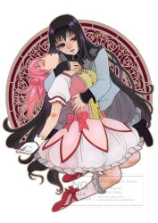  2girls akemi_homura akemi_homura_(magical_girl) amado_kashimu black_eyes black_hairband bow closed_eyes commentary_request dress gloves grey_skirt hairband highres hug kaname_madoka kaname_madoka_(magical_girl) long_hair mahou_shoujo_madoka_magica mahou_shoujo_madoka_magica_(anime) multiple_girls parted_lips pink_bow pink_dress pink_hair pink_socks purple_hair red_shoes shoes short_twintails skirt socks twintails white_gloves yuri 