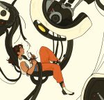  1girl 1other artist_name black_eyes camera chell elena_illustrate eye_contact glados looking_at_another lying on_back orange_pants pants portal_(series) portal_2 robot shirt smile soldering_iron white_shirt wire 