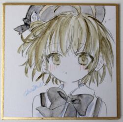  1girl :o absurdres ahoge beret black_bow black_hat blush bow brown_eyes brown_hair collared_shirt commentary_request flower hair_flower hair_ornament hat hatoba_tsugu highres parted_lips photo_(medium) sha2mo shikishi shirt signature solo suspenders traditional_media tsugu_(vtuber) virtual_youtuber white_flower white_shirt 