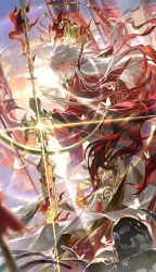  1boy absurdres armor blurry blurry_foreground bug butterfly character_request closed_mouth copyright_request day facial_mark fengjian_yuzhi flag floating_hair fur_trim halo halo_behind_head highres holding holding_weapon lens_flare long_hair long_sleeves looking_at_viewer looking_back male_focus multicolored_hair outdoors parted_bangs red_eyes shoulder_armor skull solo standing sunlight two-tone_hair very_long_hair weapon white_butterfly yellow_halo 