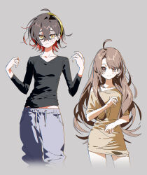  2girls 5oh5s2 absurdres ahoge alternate_hair_length alternate_hairstyle black_hair blush braid brown_eyes brown_hair carmine_(pokemon) commentary dress grey_background hair_between_eyes hairband highres juliana_(pokemon) long_hair mole mole_under_eye multicolored_hair multiple_girls pants pokemon pokemon_sv red_hair shirt smile symbol-only_commentary two-tone_hair yellow_eyes yellow_hairband 