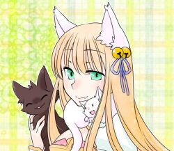  1girl animal_around_neck animal_ears arch_bishop_(ragnarok_online) bell blonde_hair blue_ribbon blush brown_cat cat closed_mouth commentary_request cross dress fox_ears fox_girl green_background green_eyes hair_bell hair_ornament hair_ribbon jingle_bell long_hair looking_at_viewer oekakipikki pink_dress plaid_background ragnarok_online ribbon smile solo two-tone_dress upper_body white_cat white_dress 