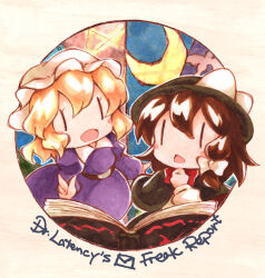  belt bird black_belt black_capelet black_hat blonde_hair blush_stickers book bow bowtie brown_hair capelet chibi chibi_only collared_dress contrast_collar crescent dr.latency's_freak_report dress hair_between_eyes hair_bow hand_on_own_chin hat infinity_symbol long_sleeves maribel_hearn marker_(medium) mob_cap open_mouth purple_dress red_bow red_bowtie sanwa_no_jako_(daikichi_club) shirt short_hair sleeve_cuffs swallow_(bird) touhou traditional_media usami_renko white_hat white_shirt |_| 