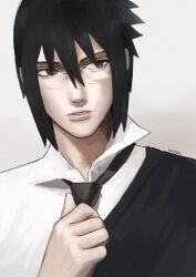  1boy adjusting_clothes adjusting_necktie artist_name black_eyes black_hair black_necktie bleeehrghw commentary english_commentary glasses highres looking_to_the_side male_focus naruto_(series) naruto_shippuuden necktie parted_lips portrait rimless_eyewear signature solo uchiha_sasuke 