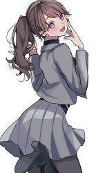  1girl :d black_boots black_pantyhose black_sweater boots brown_hair cowboy_shot earrings from_behind fujishima_megumi fujishima_megumi_(post-graduation) grey_jacket grey_skirt hand_on_own_cheek hand_on_own_face heart heart_earrings high_heel_boots high_heels highres jacket jewelry leg_up lilac_(li_lac_3) link!_like!_love_live! long_hair long_sleeves looking_at_viewer looking_back love_live! miniskirt official_alternate_costume open_clothes open_jacket open_mouth pantyhose pleated_skirt ponytail skirt smile solo stud_earrings suit_jacket sweater turtleneck turtleneck_sweater violet_eyes virtual_youtuber 