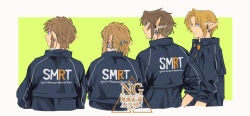  4boys black_jacket blue_eyes border earrings green_background hair_between_eyes hair_tie in-franchise_crossover jacket jewelry link multiple_boys parted_bangs pointy_ears ponytail short_ponytail sidelocks sleeves_rolled_up tadatwee the_legend_of_zelda the_legend_of_zelda:_breath_of_the_wild the_legend_of_zelda:_ocarina_of_time the_legend_of_zelda:_skyward_sword the_legend_of_zelda:_twilight_princess upper_body white_border 
