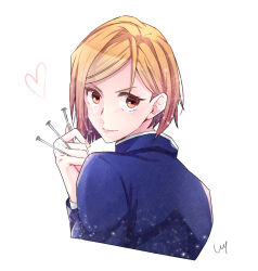  1girl blue_jacket brown_eyes brown_hair closed_mouth commentary_request cropped_torso from_behind hair_behind_ear heart highres holding holding_nail jacket jujutsu_kaisen jujutsu_tech_uniform kugisaki_nobara long_sleeves looking_at_viewer looking_back nail_(hardware) short_hair signature simple_background sin_3794 solo upper_body white_background 