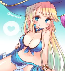 1girl :q awilda_(p&amp;d) bad_id bad_pixiv_id blonde_hair blue_eyes blush bracelet breasts cleavage front-tie_top halterneck hat heart jewelry large_breasts long_hair meopun_(meopen429) midriff mole puzzle_&amp;_dragons sarong solo spoken_heart tongue tongue_out twitter_username