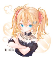  1girl ahoge ani_(xai) ani_(xai)_(cosplay) artist_name black_choker black_fur blue_eyes brown_hair chinese_commentary choker closed_mouth commentary_request cosplay cropped_torso featheriiing from_side hair_between_eyes hair_ornament heart heart_hair_ornament highres lace-trimmed_choker lace_trim long_hair looking_at_viewer neuro-sama pink_ribbon red_ribbon ribbon simple_background solo twintails upper_body vedal_ai virtual_youtuber white_background xai_(company) 