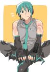  1boy aqua_eyes aqua_hair arm_tattoo arm_warmers bare_shoulders between_pectorals black_footwear black_pants blue_hair blue_nails blue_necktie fingerless_gloves genderswap genderswap_(ftm) gloves grey_shirt hair_between_eyes hatsune_mikuo headphones headset highres indian_style looking_at_viewer male_focus muscular muscular_male necktie necktie_between_pectorals pants pectorals sagami_jon shirt short_hair sitting sleeveless smile tattoo vocaloid yellow_background 