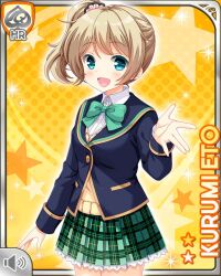  1girl bow bowtie brown_hair cardigan eto_kurumi girlfriend_(kari) green_bow green_bowtie green_eyes green_skirt hair_ornament hair_scrunchie jacket looking_at_viewer miniskirt official_art plaid_clothes plaid_skirt pleated_skirt qp:flapper school_uniform scrunchie shirt side_ponytail skirt smile solo standing white_shirt yellow_cardigan 
