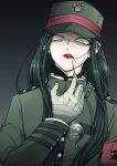  1boy bandaged_hand bandages black_background breast_pocket buttons danganronpa_(series) danganronpa_v3:_killing_harmony ear_piercing gradient_background green_headwear green_jacket highres jacket long_sleeves looking_at_viewer male_focus no_mask piercing pocket red_lips shachoo_(poco_poco) shinguji_korekiyo solo teeth upper_body yellow_eyes 