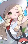  1girl absurdres armpits bag blonde_hair blunt_bangs braid closed_mouth clouds cloudy_sky dress duffel_bag falling_leaves green_eyes hands_on_headwear hands_up hat highres kurumiya_(krmy_p) leaf lillie_(pokemon) long_hair one_eye_closed pokemon pokemon_(game) pokemon_sm sky sleeveless sleeveless_dress smile sun_hat sundress twin_braids white_dress white_headwear 