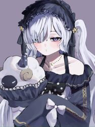  1girl bare_shoulders commentary_request crescent crescent_necklace expressionless gothic_lolita grey_background hair_over_one_eye hairband highres holding holding_pillow jewelry lolita_fashion lolita_hairband long_hair long_sleeves looking_at_viewer mahou_shoujo_no_majo_saiban mebae_(mebae_cha) natsume_an-an necklace one_side_up pillow sleeves_past_fingers sleeves_past_wrists solo stuffed_animal stuffed_sheep stuffed_toy upper_body violet_eyes white_hair 