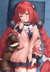  1girl absurdres black_choker black_shirt black_skirt braid braided_twintails breasts cardigan chest_bow choker clenched_teeth dakimakura_(medium) green_eyes grin hair_ornament highres keine09 long_hair lying medium_breasts on_back on_bed pillow pink_cardigan pleated_skirt red_hair shirt skirt smile solo sphere_hair_ornament tanuki teeth ukinami_yuzuha zenless_zone_zero 