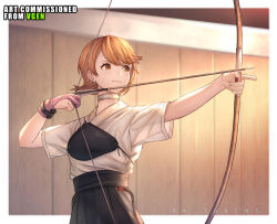  1girl absurdres archery archery_shooting_glove arrow_(projectile) black_hakama blurry blurry_background border bow_(weapon) brown_eyes brown_hair choker closed_mouth commission earrings english_commentary flipped_hair gloves hakama hakama_skirt highres holding holding_arrow holding_bow_(weapon) holding_weapon japanese_clothes jewelry kyuudou light_blush muneate outside_border outstretched_arm partially_fingerless_gloves persona persona_3 pink_gloves ra_torens short_hair short_sleeves single_glove skirt solo stud_earrings swept_bangs takeba_yukari upper_body vgen_commission weapon white_border white_choker yugake 