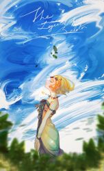  1girl armlet bare_shoulders blonde_hair blurry blurry_foreground bracelet braid breasts circlet closed_eyes copyright_name cowboy_shot crown_braid dress earrings falling_leaves hashtag-only_commentary highres jewelry leaf long_dress magatama magatama_necklace medium_breasts necklace parted_bangs pendant_choker pointy_ears short_hair sidelocks smile solo strapless strapless_dress the_legend_of_zelda the_legend_of_zelda:_tears_of_the_kingdom tica_tiforzelda white_dress 