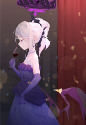  1girl absurdres alcohol bare_shoulders black_halo black_horns black_ribbon black_wings blue_archive breasts chinese_commentary commentary_request cowboy_shot cup curtains demon_girl demon_horns demon_wings dress drinking_glass earrings elbow_gloves english_commentary evening_gown formal_clothes frilled_dress frills from_side gloves hair_between_eyes hair_ribbon halo hand_up highres hina_(blue_archive) hina_(dress)_(blue_archive) holding holding_cup horns indoors jewelry long_hair low_wings mixed-language_commentary necklace official_alternate_costume official_alternate_hairstyle parted_lips pearl_necklace profile purple_dress purple_gloves ribbon sidelocks small_breasts solo strapless strapless_dress violet_eyes white_hair wine wine_glass wings yuxue_(snoain_yyk) 