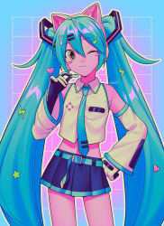  1girl ;3 absurdres animal_ear_headphones animal_ears bare_shoulders belt black_gloves black_skirt blue_belt blue_border blue_hair blue_necktie blue_trim blush_stickers border cat_ear_headphones cat_ears closed_mouth collared_shirt commentary_request contrapposto cowboy_shot crop_top cropped_shirt detached_sleeves double-parted_bangs fake_animal_ears faux_retro_artstyle flat_chest frilled_shirt frilled_shirt_collar frills gloves grid_background hair_between_eyes hair_ornament hand_on_own_hip hand_up hatsune_miku headphones headset heart heart_hair_ornament highres lightning_bolt_hair_ornament lightning_bolt_symbol long_hair looking_at_viewer menma_(enaic31) midriff miniskirt musical_note musical_note_hair_ornament necktie one_eye_closed outline outside_border pink_background pink_eyes pleated_skirt shirt signature simple_background skirt sleeveless sleeveless_shirt solo standing star_(symbol) star_hair_ornament straight-on tie_clip twintails two-tone_gloves very_long_hair vocaloid white_gloves white_outline white_shirt white_sleeves wide_sleeves 