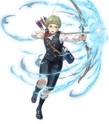  1boy ascot attack bow_(weapon) drawing_bow fire_emblem fire_emblem:_three_houses fire_emblem_heroes garreg_mach_monastery_uniform glasses green_eyes highres holding holding_bow_(weapon) holding_weapon ignatz_victor non-web_source official_art parted_lips round_eyewear running solo weapon 