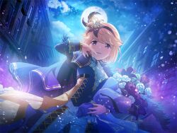  1girl ascot bouquet brown_hair building cape cosplay edmond_dantes edmond_dantes_(cosplay) full_moon game_cg hairband holding holding_bouquet kobato_ryouko long_sleeves looking_at_viewer moon night official_art pants parted_lips purple_cape purple_hairband shoujo_kageki_revue_starlight shoujo_kageki_revue_starlight_-re_live- solo standing the_count_of_monte_cristo upper_body violet_eyes white_ascot white_pants 