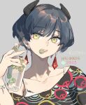  1girl 2023 bare_shoulders black_hair collarbone cup fake_horns food_in_mouth grin halloween highres holding holding_cup horns looking_at_viewer original short_hair simple_background smile solo tennohi upper_body yellow_eyes 