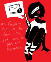  1girl absurdres bandage_over_one_eye bandaged_leg bandages barefoot blush cellphone chewchewer collarbone english_text flip_phone hand_on_floor highres holding holding_phone microsoft_paint_(medium) notification open_mouth original phone red_background red_eyes shirt short_hair simple_background sitting solo speech_bubble wavy_mouth 