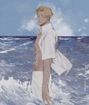  1boy absurdres blonde_hair blue_eyes blue_sky clouds collared_shirt highres jujutsu_kaisen light_smile looking_at_viewer male_focus mybloodynails nanami_kento ocean open_clothes open_shirt outdoors shirt short_hair sky solo standing wading water white_shirt 