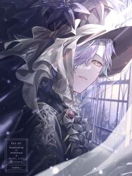  1boy ascot black_ascot black_flower black_hat black_jacket blue_streaks canop_s commentary curtains flower hair_over_one_eye hat hat_flower highres indoors jacket kamishiro_rui kono_matsuri_ni_yuuyami_iro_mo_(project_sekai) looking_at_viewer male_focus official_alternate_costume official_alternate_hairstyle one_eye_covered parted_lips project_sekai purple_hair short_hair solo symbol-only_commentary upper_body watermark window yellow_eyes 