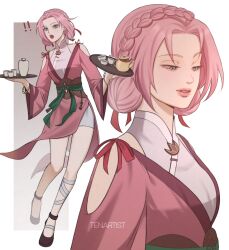  ! !! 1girl artist_name bandaged_leg bandages bike_shorts bracelet braid brown_background brown_shoes clothing_cutout commentary crown_braid double_bun earrings english_commentary eyelashes full_body gold_bracelet gradient_background green_eyes green_ribbon hair_bun hair_ribbon haruno_sakura highres holding holding_tray japanese_clothes jewelry kimono looking_at_viewer looking_down mandarin_collar multiple_views naruto_(series) obi official_alternate_costume official_alternate_hairstyle open_mouth parted_bangs pelvic_curtain pink_hair pink_kimono pink_trim rectangle red_ribbon ribbon sash shirt shirt_under_kimono shoes shorts shoulder_cutout stud_earrings surprised tassel tea_set teeth tenartistt tray tripping upper_body upper_teeth_only very_low_bun waist_ribbon white_background white_shirt white_shorts 