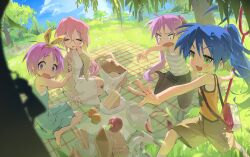  4girls :3 :d absurdres apple bare_arms bare_shoulders basket black_pantyhose black_shorts blue_eyes blue_hair blurry blurry_foreground brown_shorts butterfly_net closed_eyes commentary day double-parted_bangs food fruit glasses green_eyes grey_shirt hair_between_eyes hakun_(hak_kun) hand_net highres hiiragi_kagami hiiragi_tsukasa holding holding_butterfly_net izumi_konata long_hair lucky_star multiple_girls open_mouth orange_shirt outdoors pantyhose pantyhose_under_shorts picnic_blanket pink_hair ponytail purple_hair sandwich shirt short_hair shorts sitting sleeveless sleeveless_shirt smile standing striped_clothes striped_shirt symbol-only_commentary takara_miyuki wide-eyed 