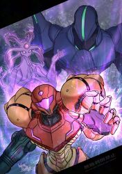  1girl alien arm_cannon armor assault_visor commentary_request glowing helmet highres metroid metroid_prime_4:_beyond neon_trim pauldrons pink_visor power_armor power_suit_(metroid) samus_aran science_fiction shoulder_armor shoulder_pads signature sylux_(metroid) varia_suit wakaba_(wata_ridley) watermark weapon 