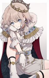  1girl arm_support belt black_cloak blue_belt blue_eyes blue_gemstone border capelet cloak closed_mouth crown dot_nose earrings epaulettes feet_out_of_frame floral_print frilled_capelet frilled_gloves frilled_sleeves frills fringe_trim fur-trimmed_cloak fur_trim gem gloves gradient_background green_gemstone grey_background grey_hair hand_on_own_shoulder heart heart_earrings highres idolmaster idolmaster_shiny_colors jewelry knee_up light_smile looking_at_viewer messiah_go outside_border red_cloak red_gemstone serizawa_asahi shirt short_hair shorts signature sitting socks solo three-quarter_sleeves two-tone_cloak white_border white_gloves white_shirt white_shorts white_socks 