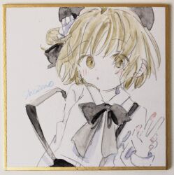  1girl :o absurdres beret black_bow black_hat black_skirt blush bow brown_eyes brown_hair collared_shirt commentary_request dress_shirt flower hair_flower hair_ornament hand_up hat hatoba_tsugu highres parted_lips photo_(medium) sha2mo shikishi shirt signature skirt solo suspender_skirt suspenders traditional_media tsugu_(vtuber) virtual_youtuber white_flower white_shirt 