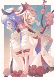  2others 828_727 a.i._voice back-to-back bare_shoulders beret black_dress black_horns black_shorts black_streaks blue_background blue_hair blue_necktie border buttons closed_eyes collar contrast_collar cowboy_shot double-breasted dress fang flower gradient_background gradient_necktie gynoid_talk hat headset highres holding_hands horned_hat horns layered_dress long_hair low_ponytail low_twintails meika_hime meika_mikoto multicolored_hair multiple_others necktie off-shoulder_dress off_shoulder open_mouth orange_background outside_border pink_hair pleated_dress plum_blossoms ponytail profile puffy_sleeves red_collar red_hat red_necktie sailor_collar short_eyebrows shorts shorts_under_dress sidelocks skin_fang smile standing streaked_hair thick_eyebrows three-quarter_sleeves twintails very_long_hair violet_eyes white_border white_dress 