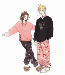  1boy 1girl aerith_gainsborough alternate_costume animal_collar animal_slippers black_pajamas black_pantyhose black_sweater blonde_hair brown_hair casual cloud_strife collar couple final_fantasy final_fantasy_vii full_body hair_ribbon hello_kitty hello_kitty_(character) hetero highres light_blush long_hair one_eye_closed outstretched_arms pajamas pants pantyhose pink_pajamas pink_pants pink_ribbon pink_sweater ribbon sageixx sanrio short_hair slippers spiky_hair standing sweater white_background 