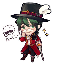  1boy ascot black_hat black_pants boots brown_boots cane chibi chibi_only closed_mouth coat commentary_request fake_facial_hair fake_mustache full_body gobaku_no_hito green_eyes green_hair hat hat_feather holding holding_cane looking_at_viewer lowres male_focus minstrel_(ragnarok_online) pants ragnarok_masters ragnarok_online red_coat shirt short_hair simple_background smile solo sparkle standing top_hat white_ascot white_background white_shirt 