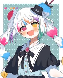  1girl :d akarei_(red_spooky) black_capelet black_hat black_ribbon book_off border brooch capelet commentary_request double_bun hair_bun hat heterochromia highres jewelry jogasaki_noah long_hair long_sleeves looking_at_viewer mahou_shoujo_no_majo_saiban mini_hat multi-tied_hair multicolored_hair neck_ribbon official_alternate_costume official_alternate_hairstyle open_mouth ribbon smile solo streaked_hair upper_body white_border white_hair yellow_eyes 